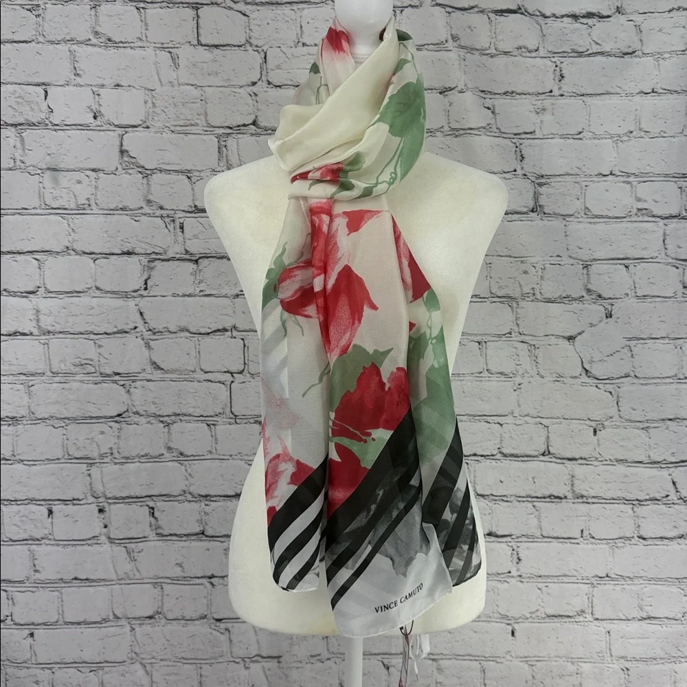 Vince Camuto Sheer Red Roses & Stripes Pattern Scarf Wrap Multicolor NWT